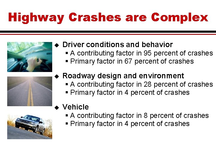 Highway Crashes are Complex u Driver conditions and behavior § A contributing factor in