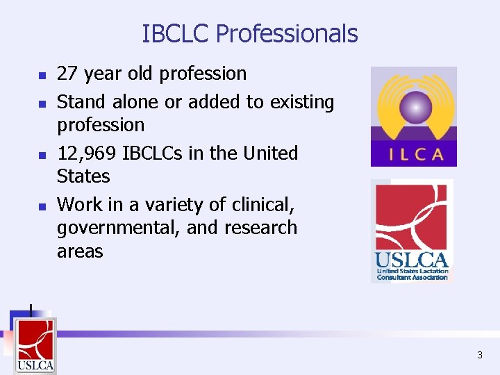 IBCLC Professionals n n 27 year old profession Stand alone or added to existing IBCLC Professionals n n 27 year old profession Stand alone or added to existing