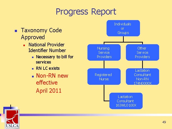 Progress Report n Individuals or Groups Taxonomy Code Approved n National Provider Identifier Number Progress Report n Individuals or Groups Taxonomy Code Approved n National Provider Identifier Number
