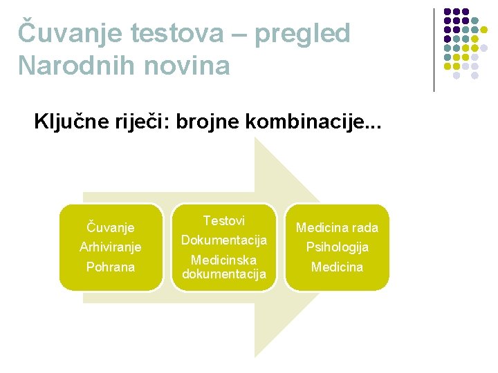 Čuvanje testova – pregled Narodnih novina Ključne riječi: brojne kombinacije. . . Čuvanje Arhiviranje