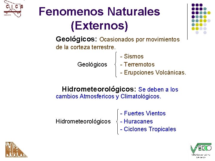 Fenomenos Naturales (Externos) Geológicos: Ocasionados por movimientos de la corteza terrestre. Geológicos - Sismos Fenomenos Naturales (Externos) Geológicos: Ocasionados por movimientos de la corteza terrestre. Geológicos - Sismos
