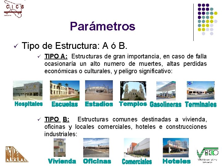 Parámetros ü Tipo de Estructura: A ó B. ü TIPO A: Estructuras de gran