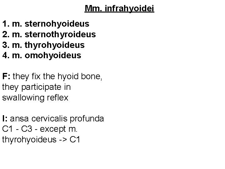 Mm. infrahyoidei 1. m. sternohyoideus 2. m. sternothyroideus 3. m. thyrohyoideus 4. m. omohyoideus