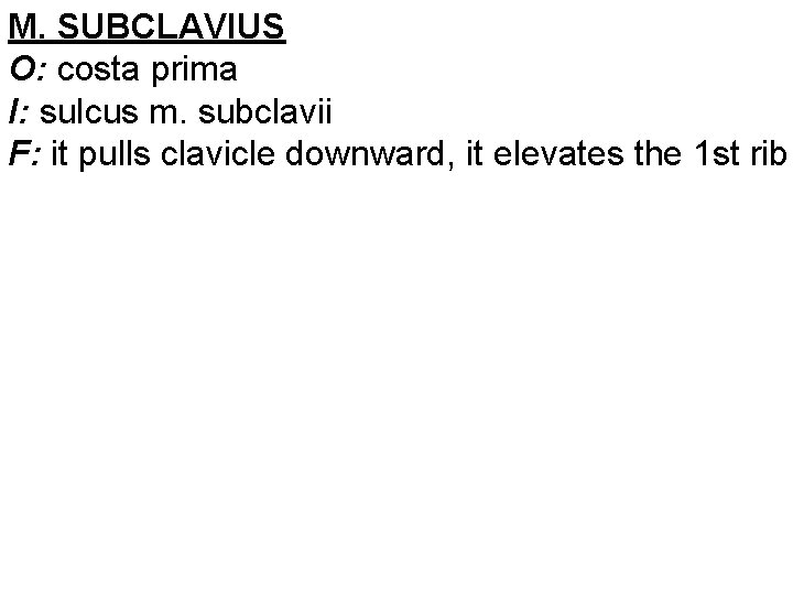 M. SUBCLAVIUS O: costa prima I: sulcus m. subclavii F: it pulls clavicle downward,