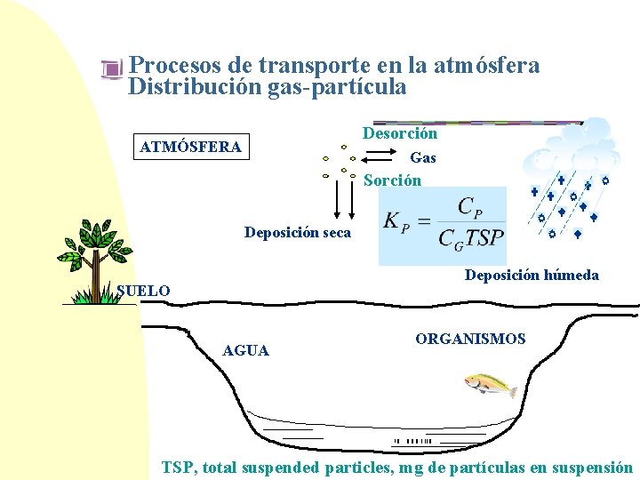 Procesos de transporte en la atmósfera Distribución gas-partícula Desorción ATMÓSFERA Gas Sorción Deposición seca