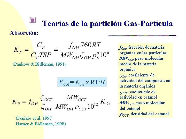 Teorías de la partición Gas-Partícula Absorción: (Pankow & Bidleman, 1991) KOA = Kow x