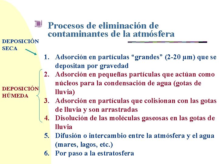 DEPOSICIÓN SECA DEPOSICIÓN HÚMEDA Procesos de eliminación de contaminantes de la atmósfera 1. Adsorción