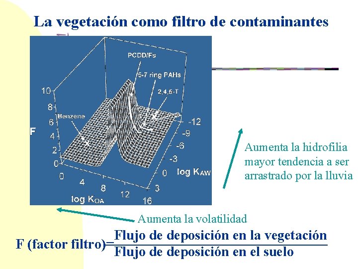 La vegetación como filtro de contaminantes Aumenta la hidrofilia mayor tendencia a ser arrastrado