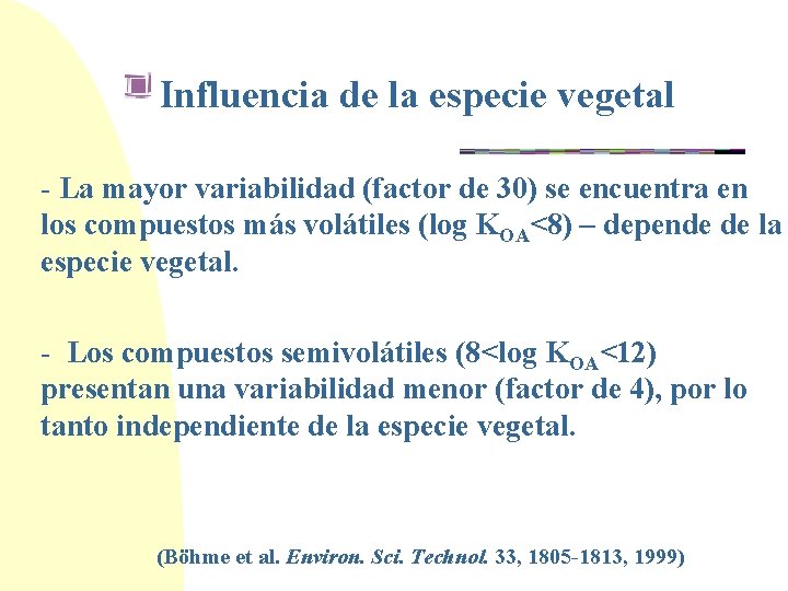 Influencia de la especie vegetal - La mayor variabilidad (factor de 30) se encuentra