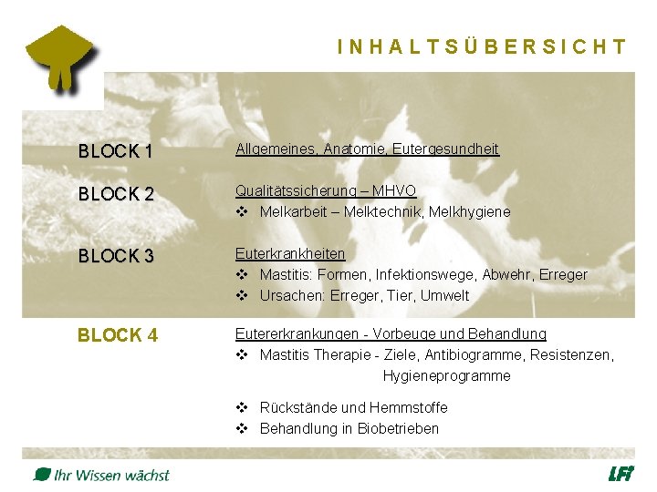 INHALTSÜBERSICHT BLOCK 1 Allgemeines, Anatomie, Eutergesundheit BLOCK 2 Qualitätssicherung – MHVO v Melkarbeit –