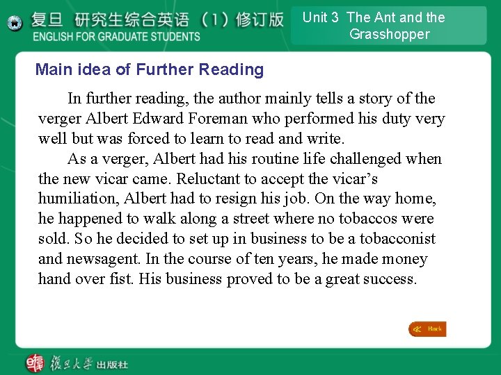 Unit 3 The Ant and the Grasshopper Main idea of Further Reading In further Unit 3 The Ant and the Grasshopper Main idea of Further Reading In further