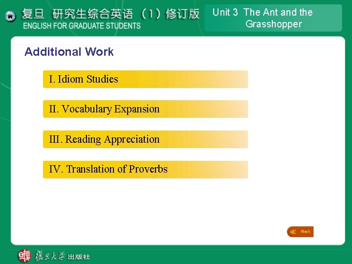 Unit 3 The Ant and the Grasshopper Additional Work I. Idiom Studies II. Vocabulary Unit 3 The Ant and the Grasshopper Additional Work I. Idiom Studies II. Vocabulary