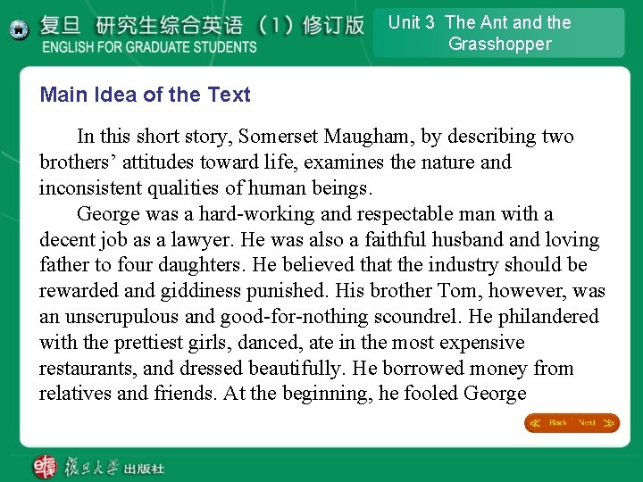 Unit 3 The Ant and the Grasshopper Main Idea of the Text In this Unit 3 The Ant and the Grasshopper Main Idea of the Text In this