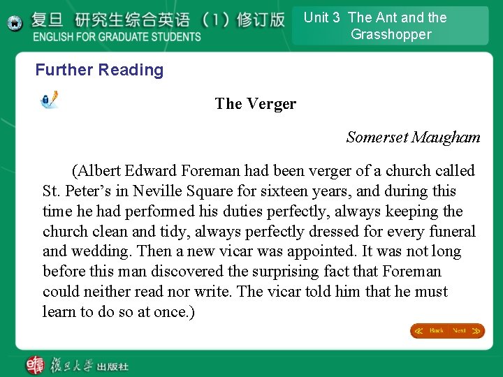 Unit 3 The Ant and the Grasshopper Further Reading The Verger Somerset Maugham (Albert Unit 3 The Ant and the Grasshopper Further Reading The Verger Somerset Maugham (Albert
