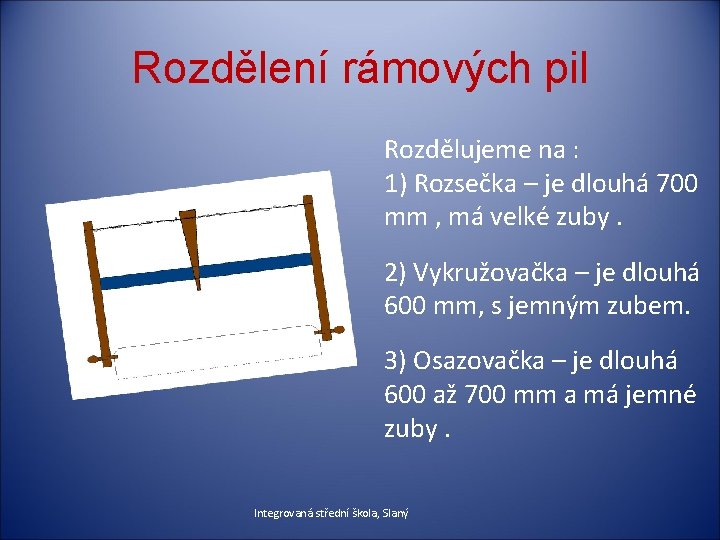 Rozdělení rámových pil Rozdělujeme na : 1) Rozsečka – je dlouhá 700 mm ,