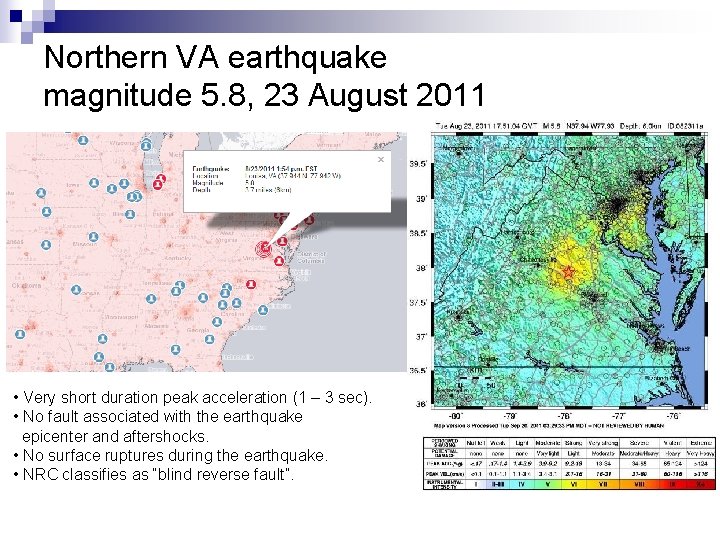 Northern VA earthquake magnitude 5. 8, 23 August 2011 • Very short duration peak
