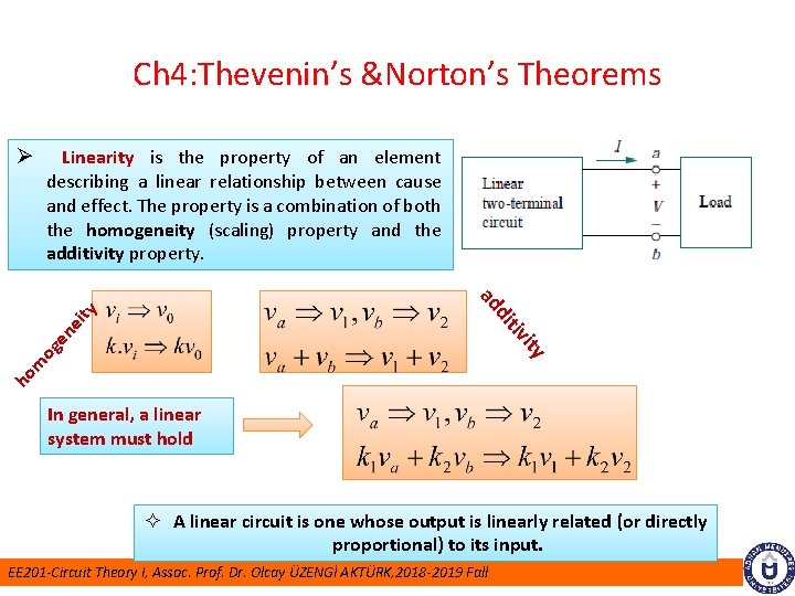 Ch 4: Thevenin’s &Norton’s Theorems Linearity is the property of an element describing a