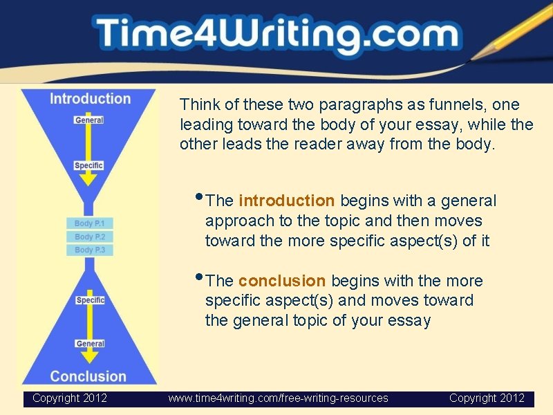 Think of these two paragraphs as funnels, one leading toward the body of your Think of these two paragraphs as funnels, one leading toward the body of your