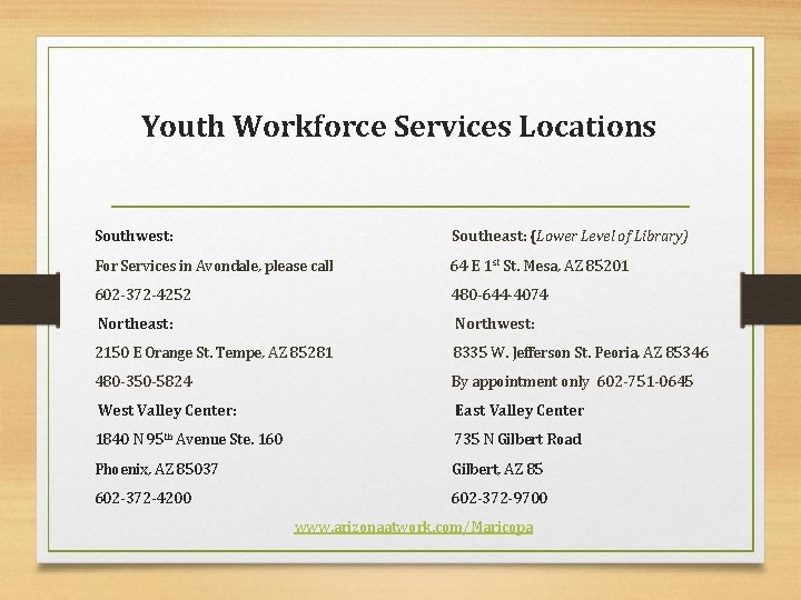 Youth Workforce Services Locations Southwest: Southeast: (Lower Level of Library) For Services in Avondale,