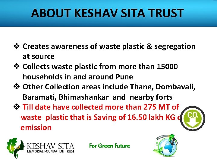ABOUT KESHAV SITA TRUST v Creates awareness of waste plastic & segregation at source