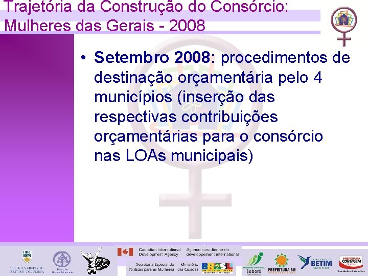 Trajetória da Construção do Consórcio: Mulheres das Gerais - 2008 • Setembro 2008: procedimentos