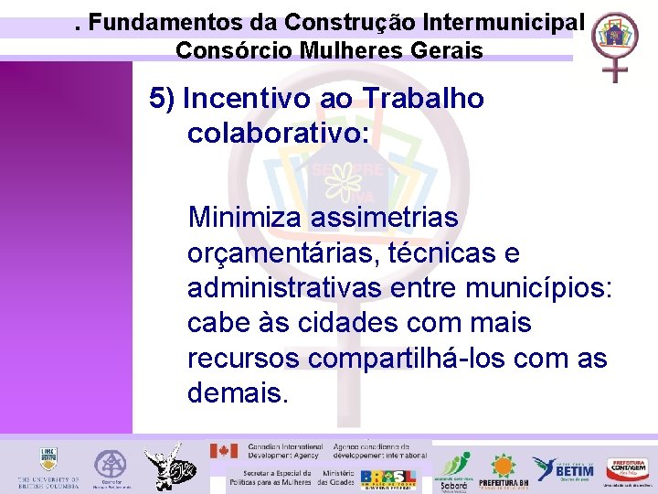 . Fundamentos da Construção Intermunicipal Consórcio Mulheres Gerais 5) Incentivo ao Trabalho colaborativo: Minimiza