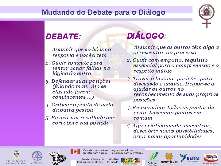 Mudando do Debate para o Diálogo DEBATE: DIÁLOGO: 1. Assumir que só há uma