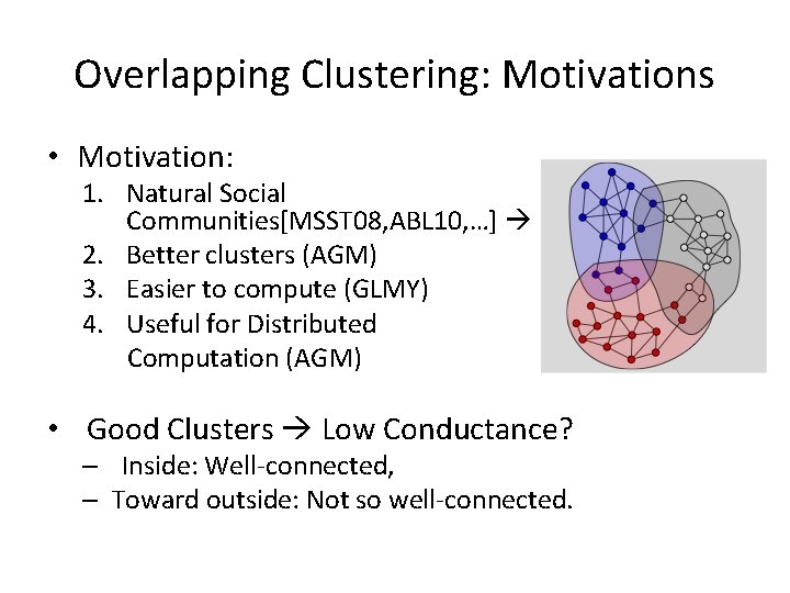 Overlapping Clustering: Motivations • Motivation: 1. Natural Social Communities[MSST 08, ABL 10, …] 2.