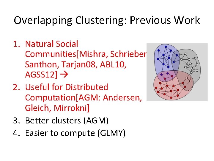 Overlapping Clustering: Previous Work 1. Natural Social Communities[Mishra, Schrieber, Santhon, Tarjan 08, ABL 10,