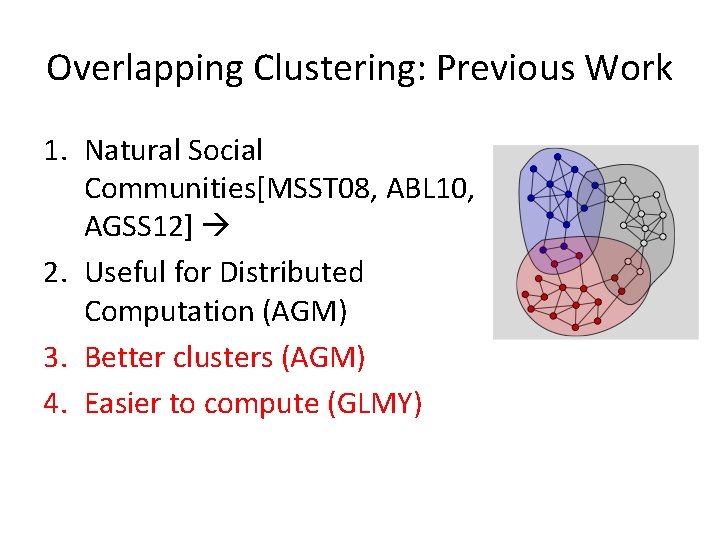 Overlapping Clustering: Previous Work 1. Natural Social Communities[MSST 08, ABL 10, AGSS 12] 2.