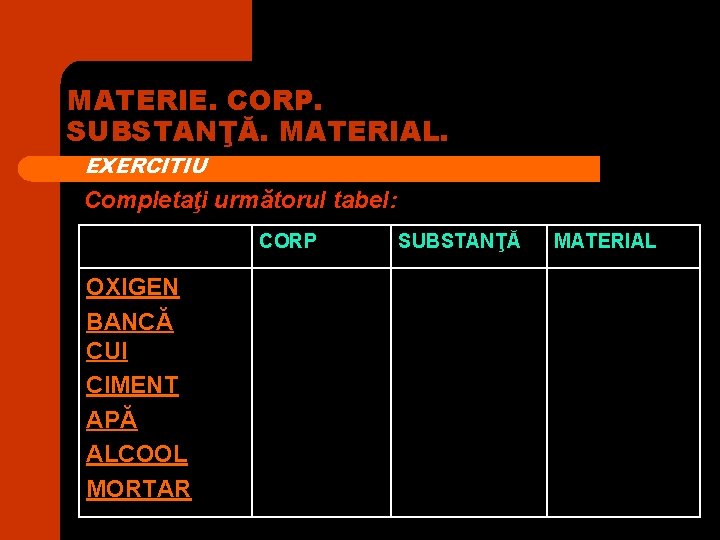 MATERIE. CORP. SUBSTANŢĂ. MATERIAL. EXERCITIU Completaţi următorul tabel: CORP OXIGEN BANCĂ CUI CIMENT APĂ MATERIE. CORP. SUBSTANŢĂ. MATERIAL. EXERCITIU Completaţi următorul tabel: CORP OXIGEN BANCĂ CUI CIMENT APĂ