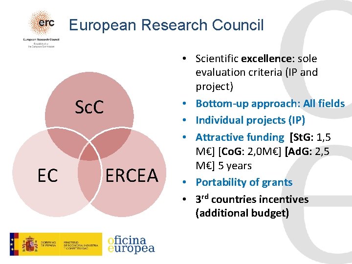 European Research Council Sc. C EC ERCEA • Scientific excellence: sole evaluation criteria (IP