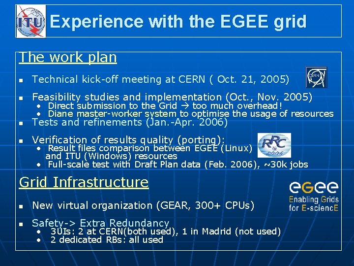 Experience with the EGEE grid The work plan n Technical kick-off meeting at CERN