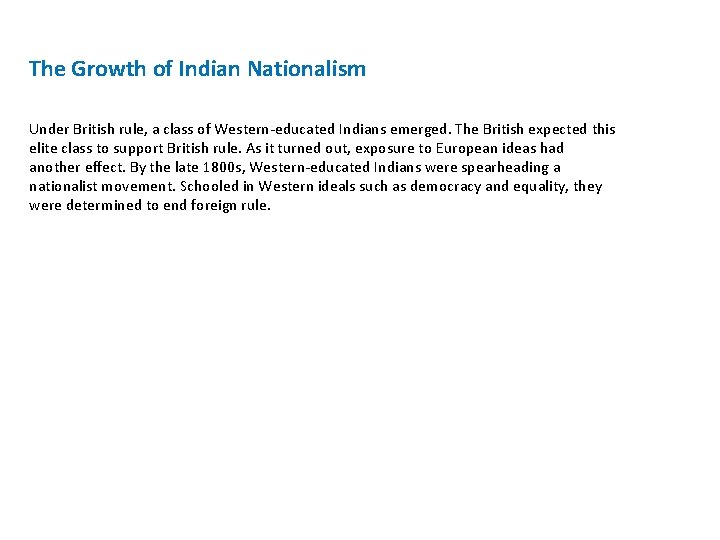 The Growth of Indian Nationalism Under British rule, a class of Western-educated Indians emerged.