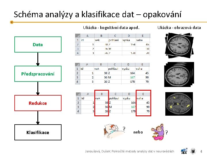 Schéma analýzy a klasifikace dat – opakování Ukázka - kognitivní data apod. Ukázka -