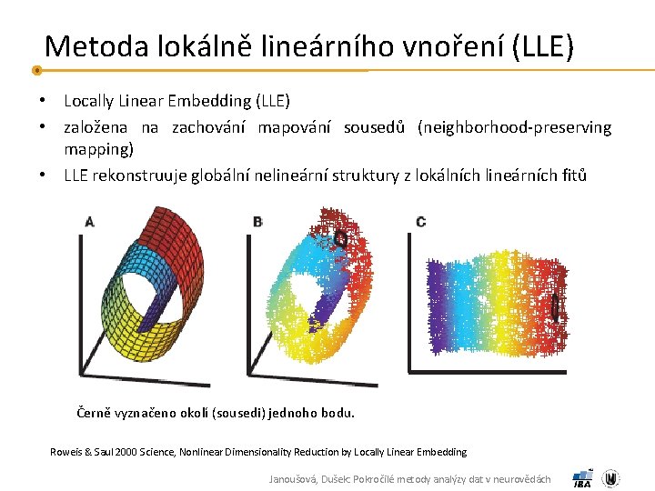 Metoda lokálně lineárního vnoření (LLE) • Locally Linear Embedding (LLE) • založena na zachování