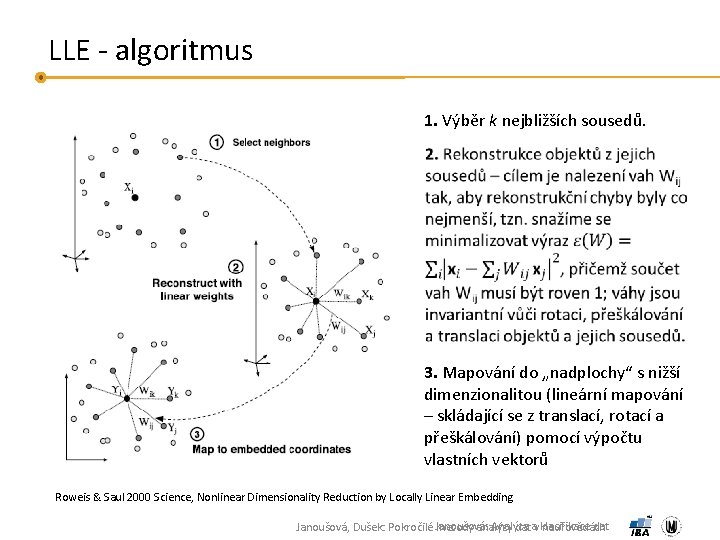 LLE - algoritmus 1. Výběr k nejbližších sousedů. 3. Mapování do „nadplochy“ s nižší