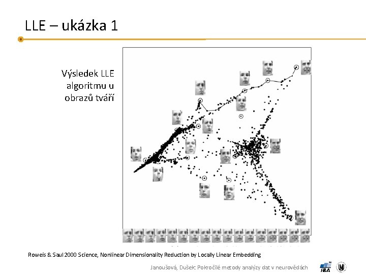 LLE – ukázka 1 Výsledek LLE algoritmu u obrazů tváří Roweis & Saul 2000