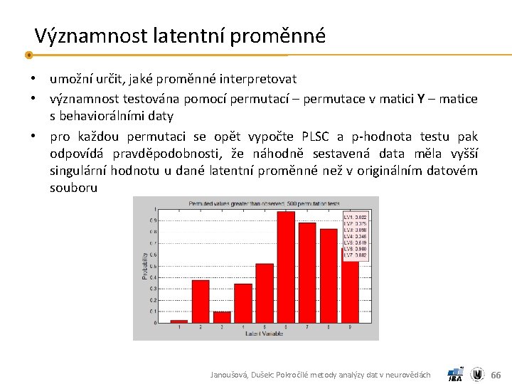 Významnost latentní proměnné • umožní určit, jaké proměnné interpretovat • významnost testována pomocí permutací