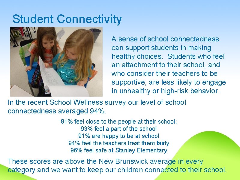 Student Connectivity A sense of school connectedness can support students in making healthy choices.