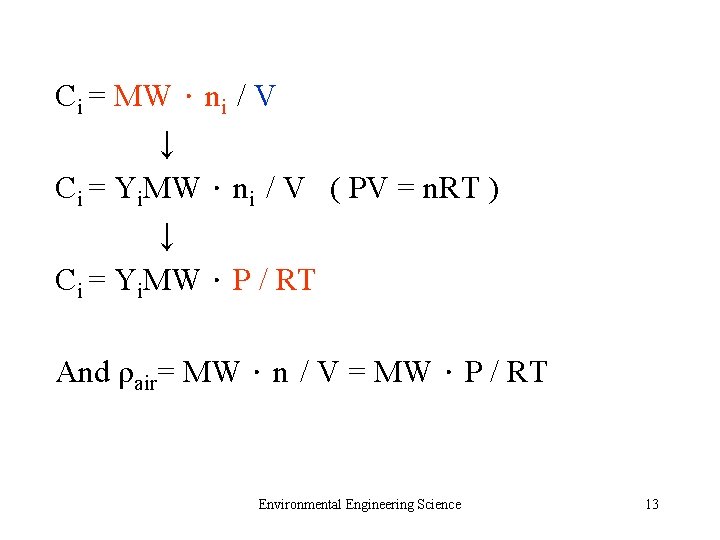 Ci = MW．ni / V ↓ Ci = Yi. MW．ni / V ( PV