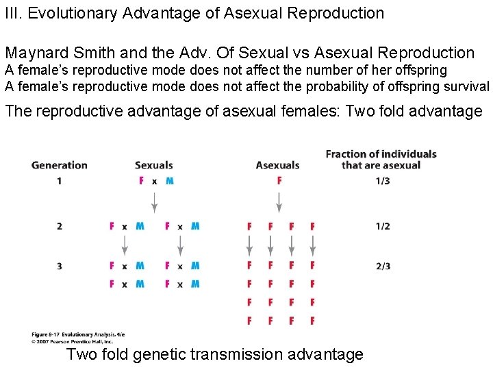 III. Evolutionary Advantage of Asexual Reproduction Maynard Smith and the Adv. Of Sexual vs