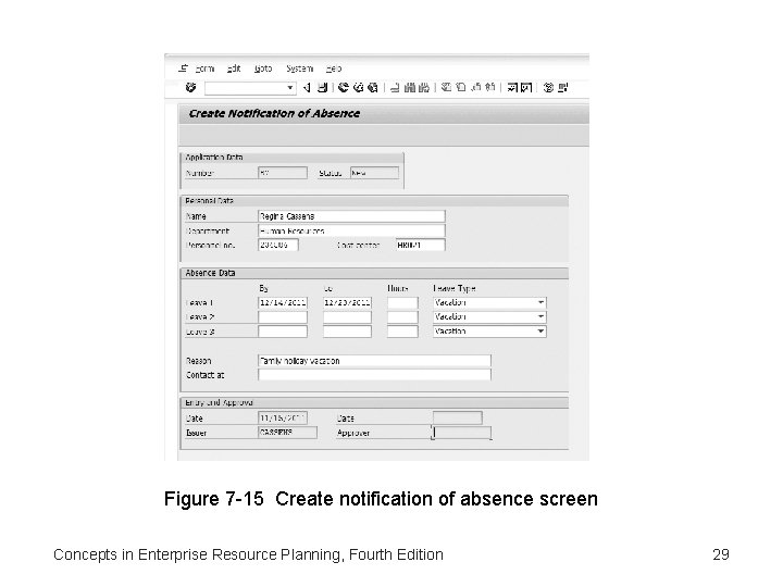 Figure 7 -15 Create notification of absence screen Concepts in Enterprise Resource Planning, Fourth