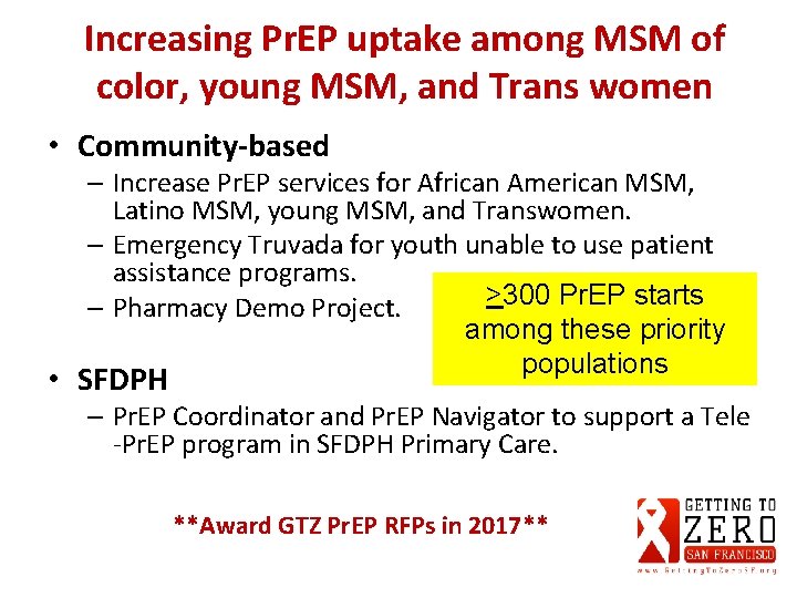 Increasing Pr. EP uptake among MSM of color, young MSM, and Trans women •