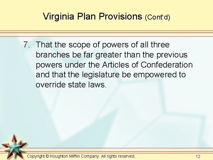 Virginia Plan Provisions (Cont’d) 7. That the scope of powers of all three branches