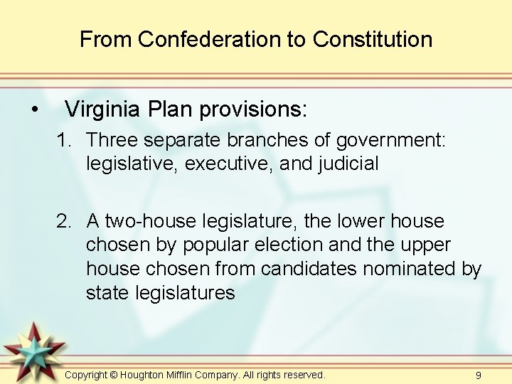 From Confederation to Constitution • Virginia Plan provisions: 1. Three separate branches of government: