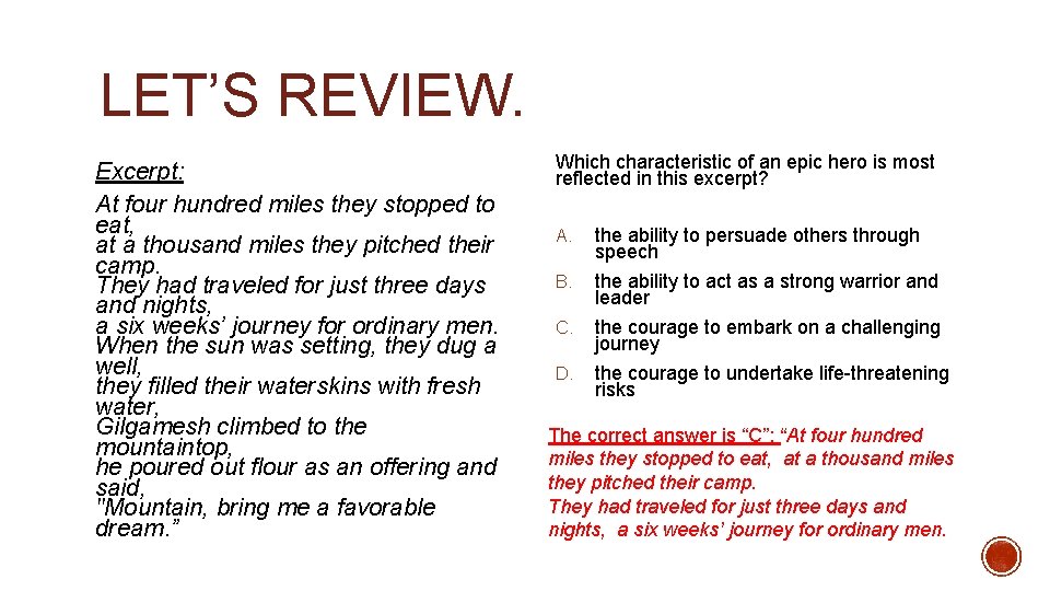 LET’S REVIEW. Excerpt: At four hundred miles they stopped to eat, at a thousand