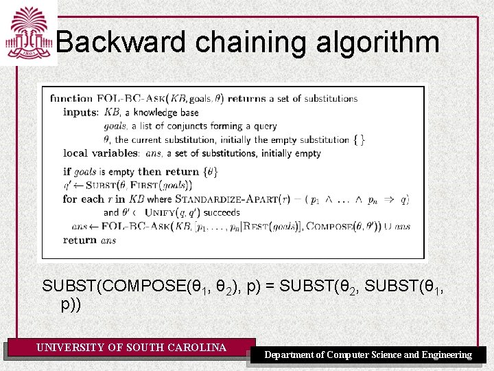 Backward chaining algorithm SUBST(COMPOSE(θ 1, θ 2), p) = SUBST(θ 2, SUBST(θ 1, p))
