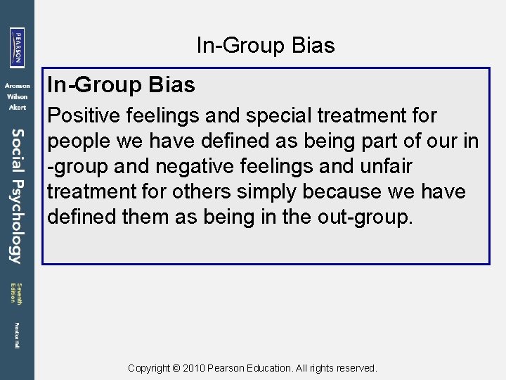 In-Group Bias Positive feelings and special treatment for people we have defined as being