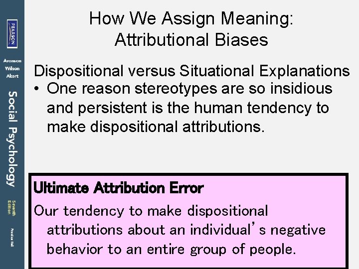 How We Assign Meaning: Attributional Biases Dispositional versus Situational Explanations • One reason stereotypes
